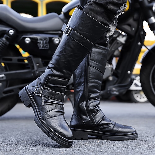 Schwarze Motorradstiefel für Herren aus Kunstleder mit Riemen – elegant und robust, ideal für Biker und den lässigen Alltag. Image