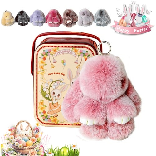 Oster-Schlüsselanhänger mit weichem Hasenmotiv und Dose, handgefertigter, weicher Hasen-Pompon-Anhänger, Plüsch-Schlüsselanhänger, Weihnachtsgeschenk für Rucksack, Taschenanhänger, Geschenk, Schlüsselanhänger Image