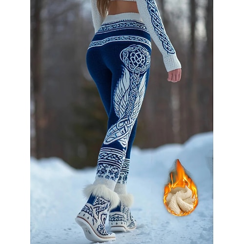 Damen Viking Boho Fleecegefütterte Leggings Urlaub Vintage Ethno-Stil Volleng Mittelhoher Bund Grafisch Abstrakt Dehnbar Outdoor Winter Blau Herbst Winter Image