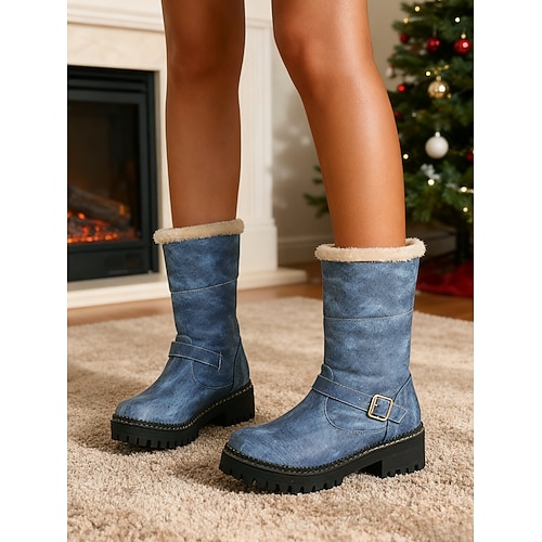 Rote, mit Lammfell gefütterte Damenstiefel – wasserdichte, warme Schneestiefel mit rutschfester Sohle und Schnallendetail, ideal für Weihnachten, Outdoor-Aktivitäten und kaltes Wetter Image