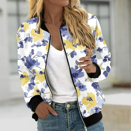 Sakmal Womens Jackets Zip Up Motorcycle Bomber Coats Yellow Floral Trendy Jackets for Women L