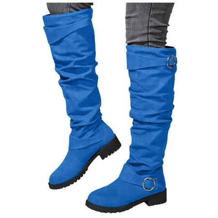 Dakaela Women s Knee High Boots Wide Calf Platform Slouchy Flat Tall Boot Chunky Low Heel Buckle Winter Motorcycle Riding Shoes Blue 8.5