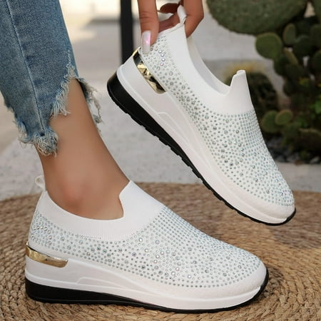 Willtoo Women s Fashion Glitter Rhinestone Decor Platform Wedge Sneakers Breathable Mesh Sparkly Glitter Tennis Shoes for Women Casual Slip-On Walking Shoes White 6 Wide