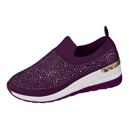 Willtoo Women s Fashion Glitter Rhinestone Decor Platform Wedge Sneakers Breathable Mesh Sparkly Glitter Tennis Shoes for Women Casual Slip-On Walking Shoes Purple 7 Wide