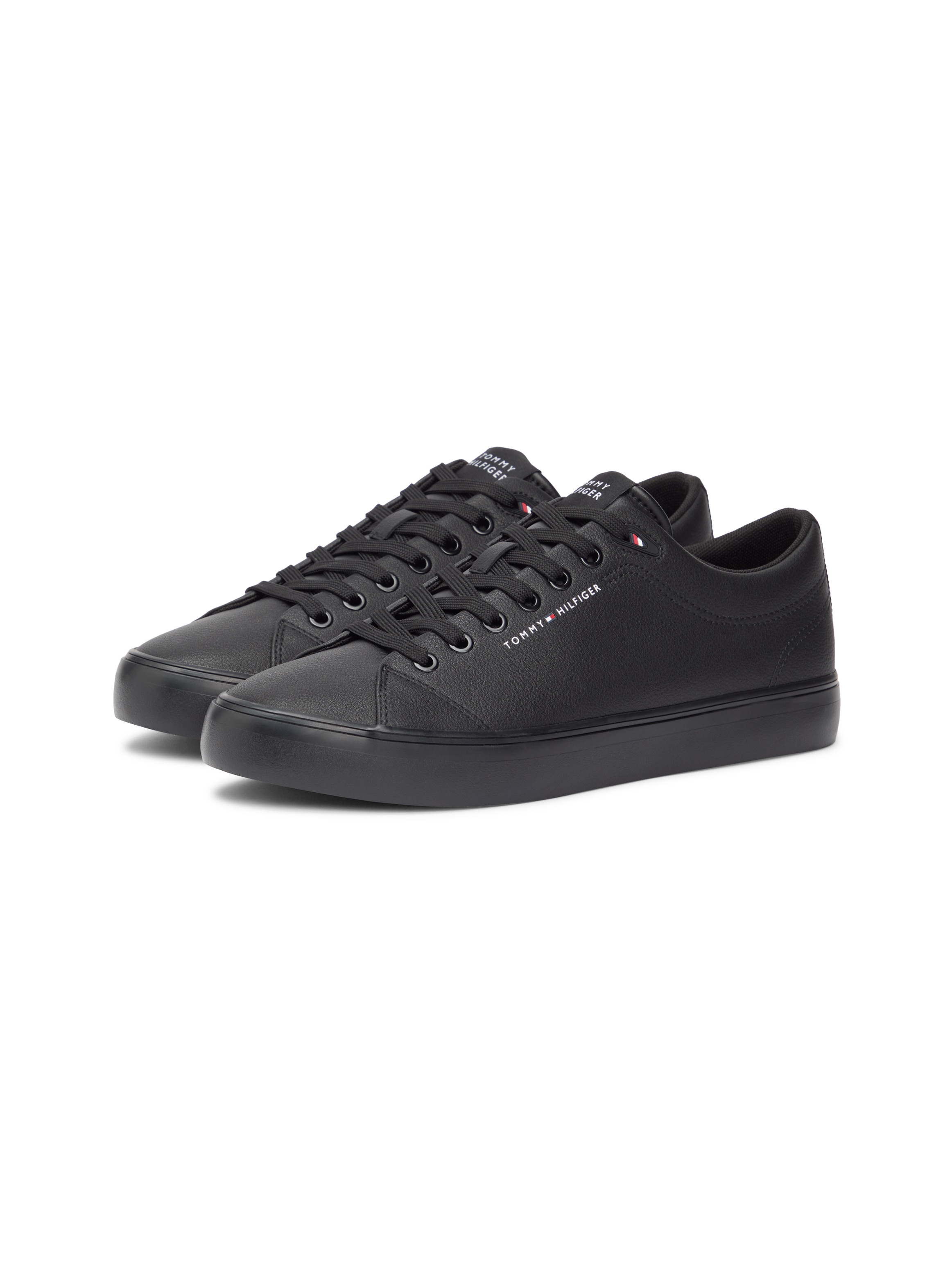 Sneaker TOMMY HILFIGER "TH HI VULC CORE LOW LTH II ESS", Herren, Gr. 46, schwarz, Lederimitat, Schuhe Sneaker, Freizeitschuh, Halbschuh, Schnürer in schmaler Form