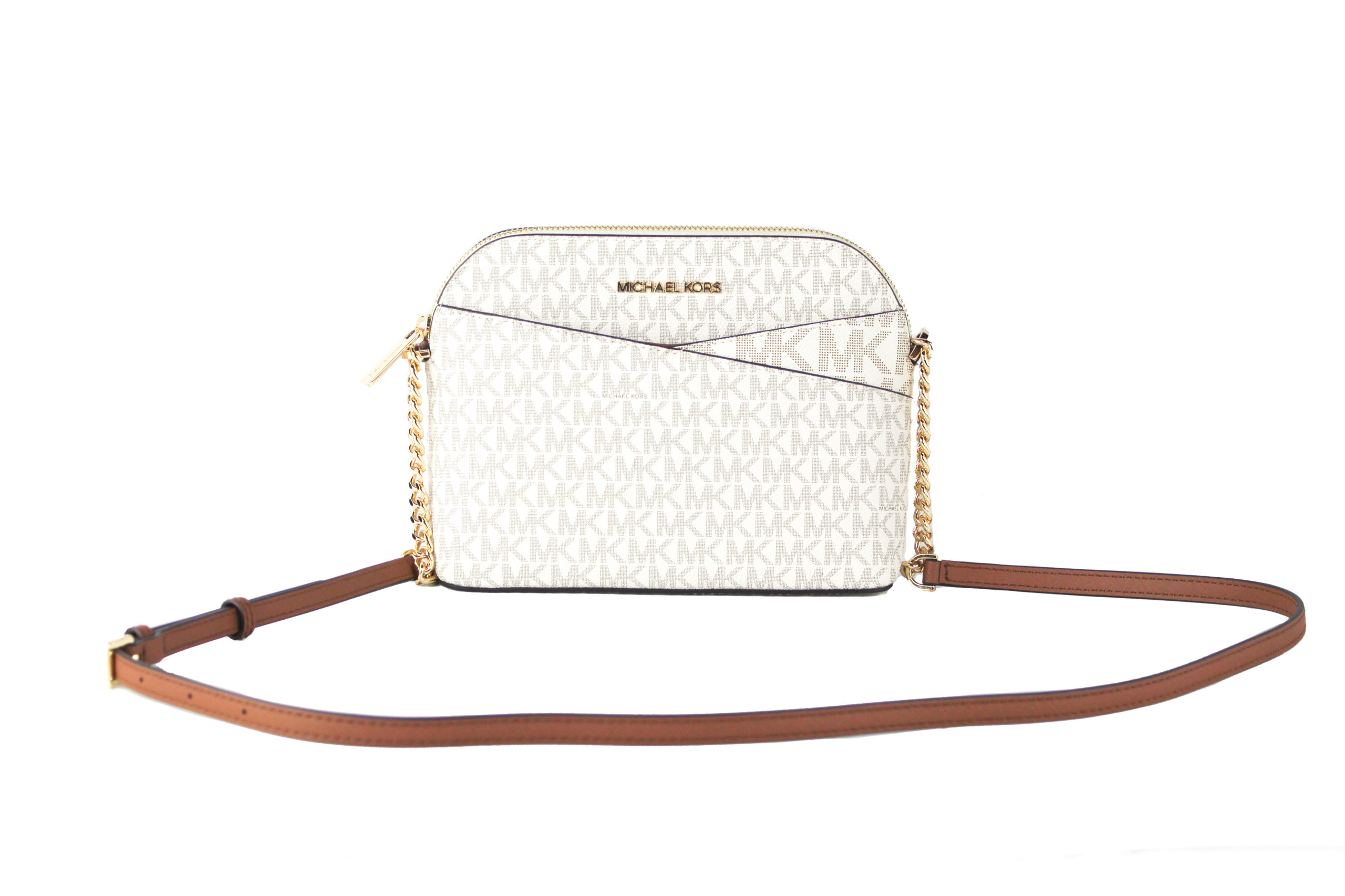 Michael Kors Damen Jet Set Travel Medium Leder X Cross Dome Umhängetasche (Vanilla Signature/Gold)