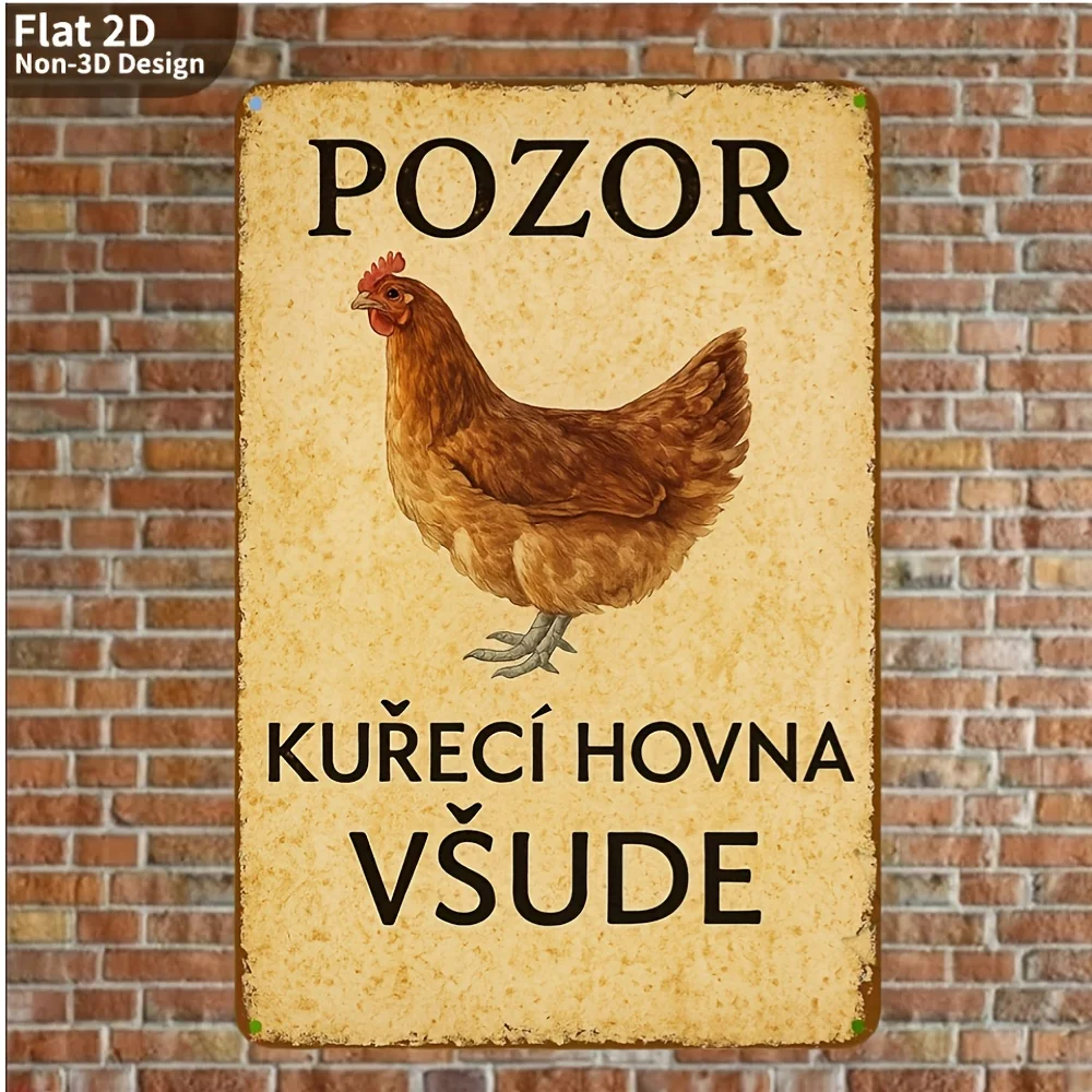 1 Stück 2D flaches Vintage-Metallschild mit tschechischem Slogan – 20,07 x 30,23 cm, lustiges Huhn „Pozdor“, rustikales Bauernhaus-Polster-Dekor Image