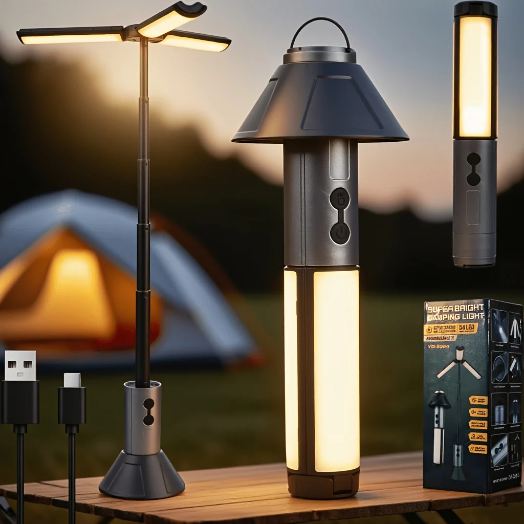 Multifunktionale Campingleuchte, 2-in-1, wiederaufladbare Teleskop-Campinglaterne, Taschenlampe mit Haken, Notfall-Arbeitsleuchte für den Außenbereich Image
