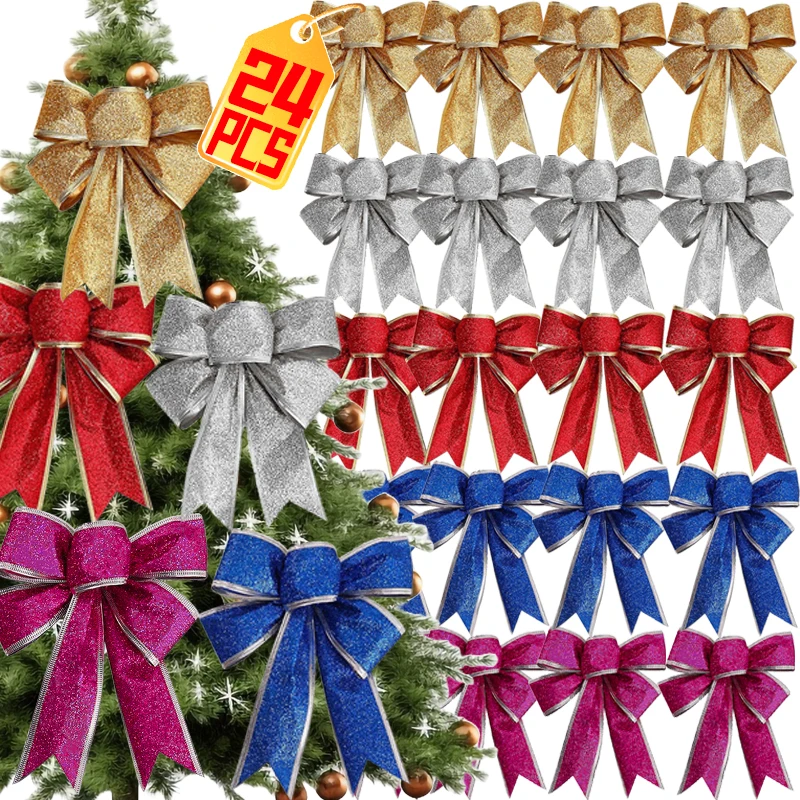 1/24 stücke Glitter Rot Weihnachten Bogen Große Band Bowknot Weihnachten Baum Hängen Anhänger Bogen Ornamente Weihnachten DIY Home Party Dekoration