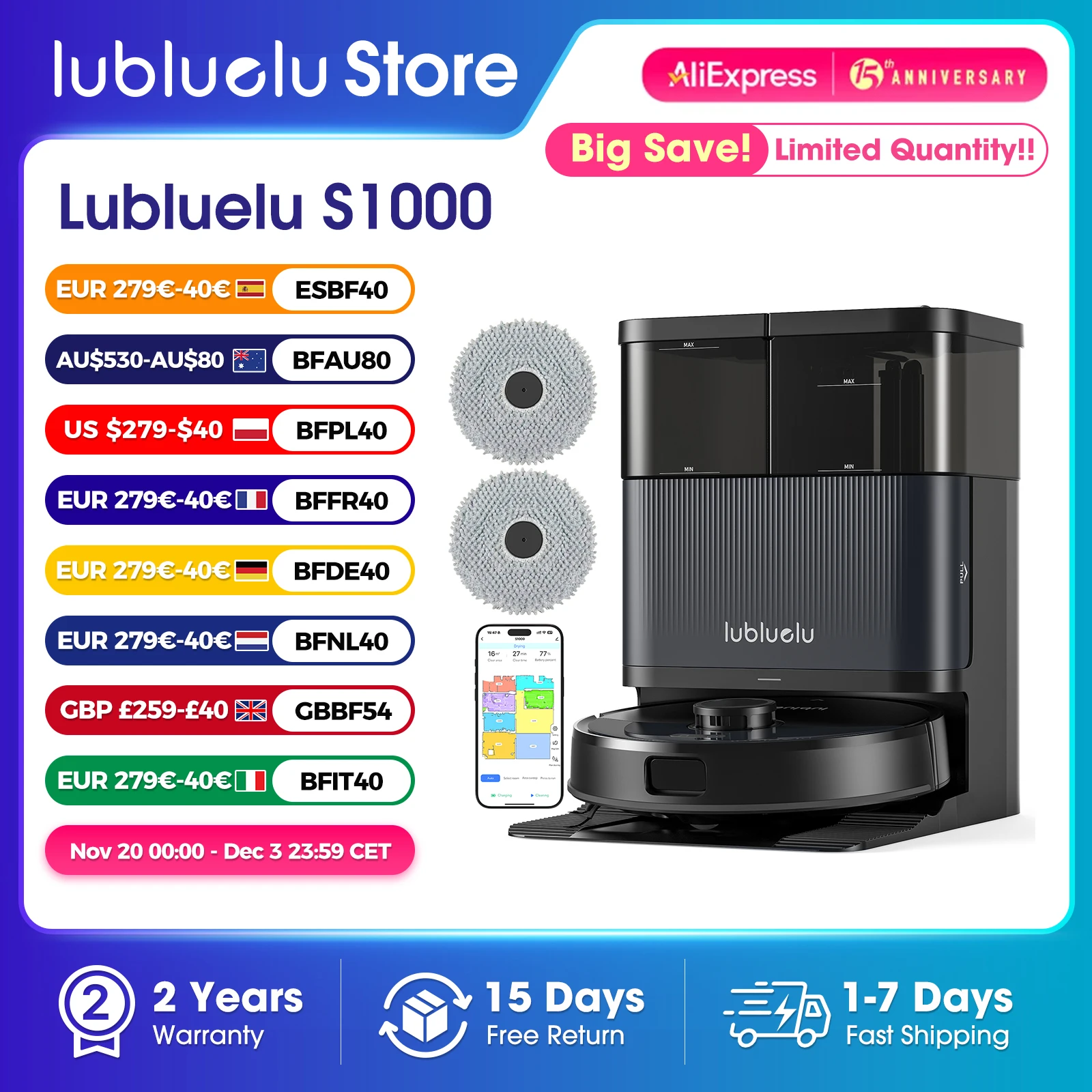 Lubluelu S1000 Roboter-Staubsauger mit selbstreinigender All-in-One-Basis – automatisch leerer/waschbarer/trockener Wischmopp, freihändig, 10.000 Pa, 180 Minuten Laufzeit Image