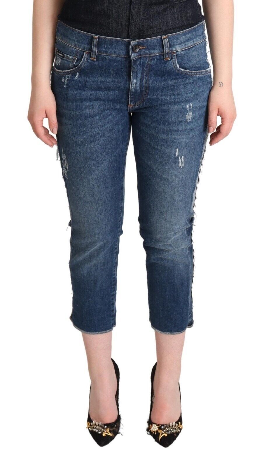 Dolce & Gabbana Blau gewaschene Mid Waist Denim Logo Cropped Damenjeans