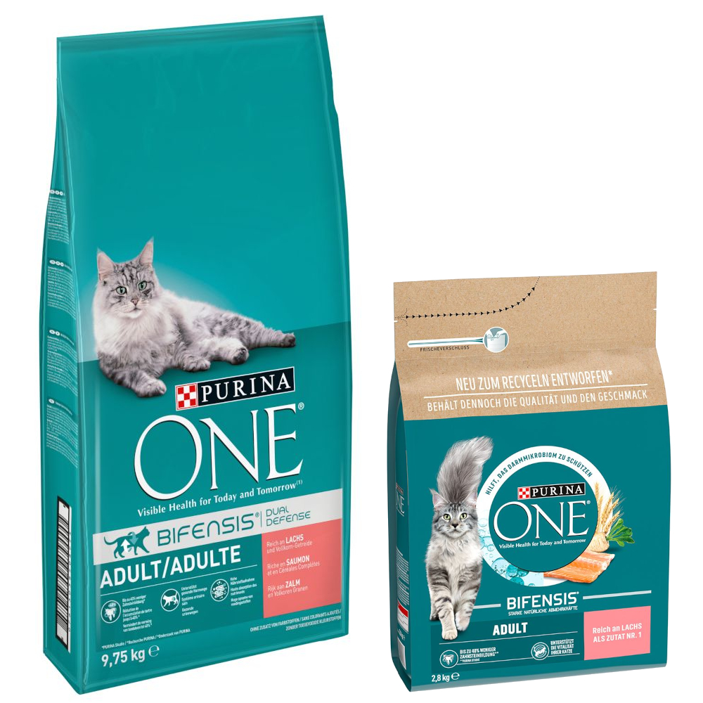 9,75 kg + 2,8 kg gratis! 12,55 kg PURINA ONE Trockenfutter - 9,75 kg + 2,8 kg Adult Lachs &...