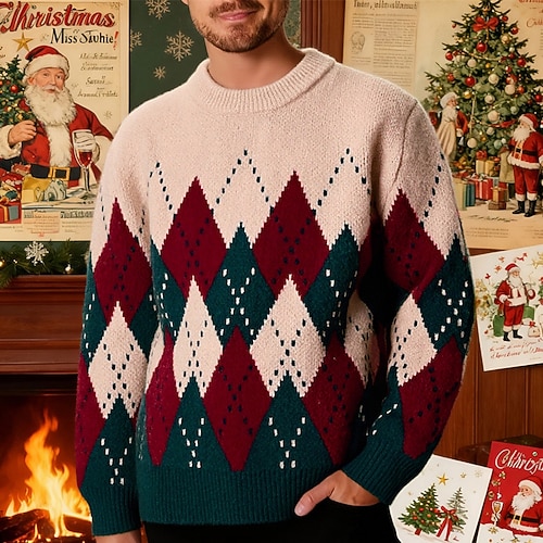 Homme Chandails de Noël Pull Pull Fair Isle Pull Tricoté Côtelé Tricoter Hauts Réguliers Tricoté Jacquard Col ras du cou ancien Mode Noël Vacances Vêtement Tenue Automne Hiver Kaki S M L