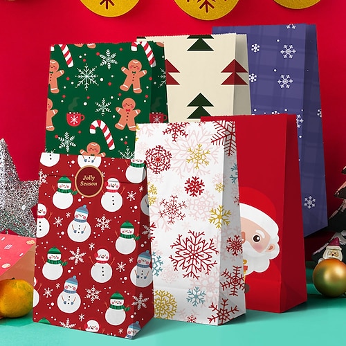 12 sacs cadeaux de Noël en papier épais à fond plat pour bonbons Sachets de friandises aux pommes, cadeaux originaux pour les fêtes