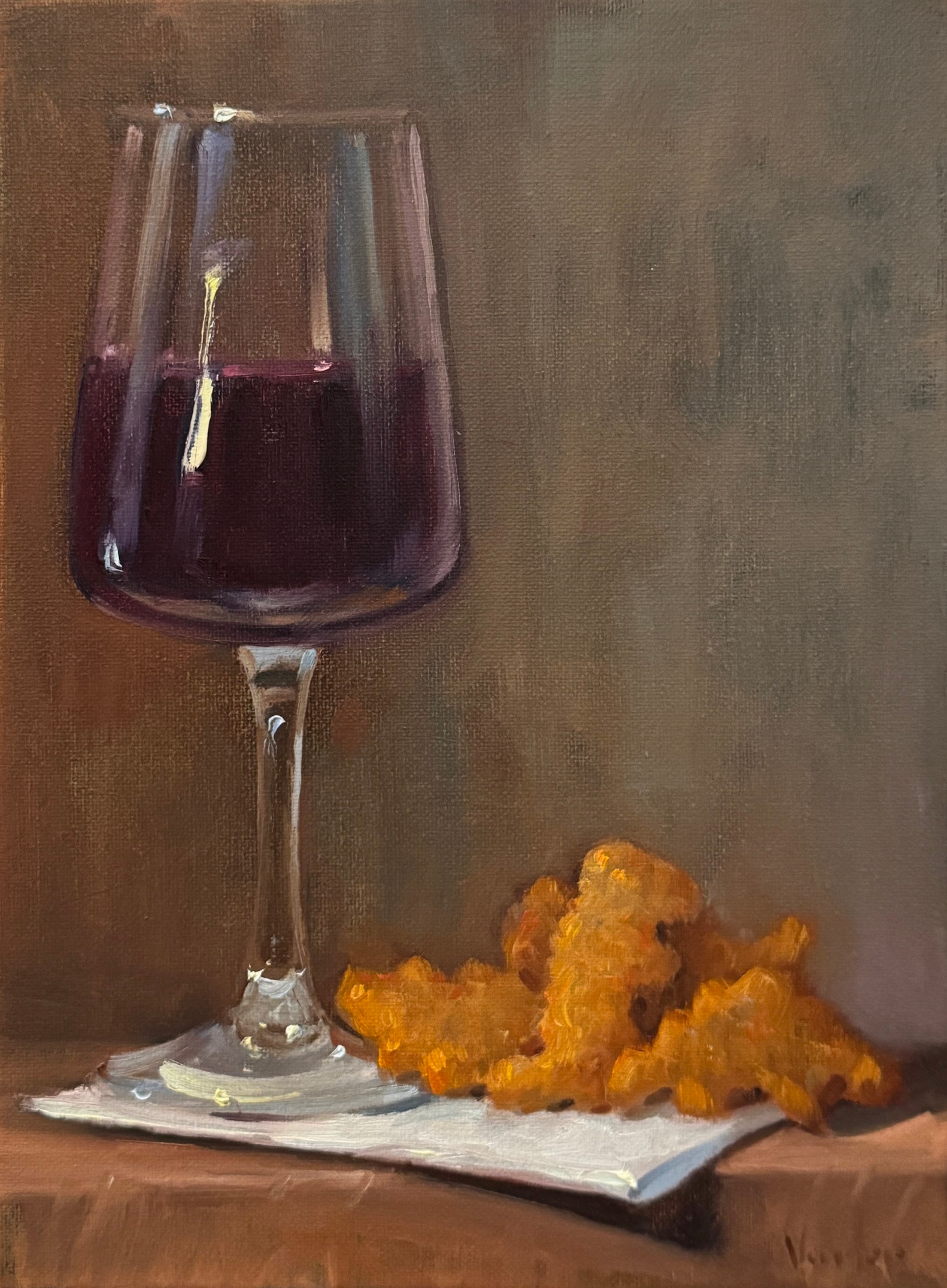 Vino e Dino Nuggs 11x14 - NOAH VERRIER Dipinto originale a olio di natura morta, stampa artistica firmata