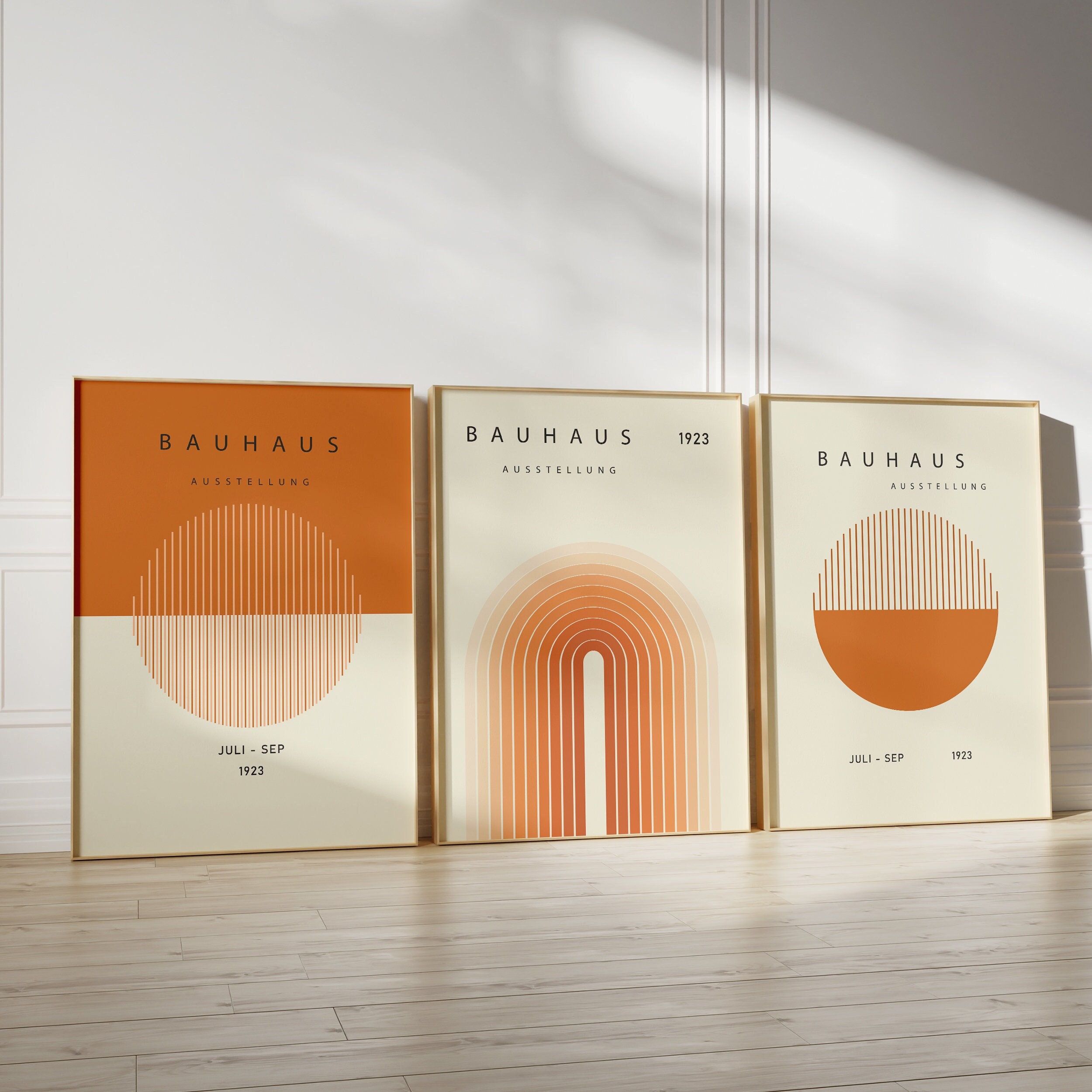 Set di 3 poster geometrici per la mostra Bauhaus arancione, poster in stile Mid-Century Modern, set di stampe Bauhaus, stile Boho Rainbow, download im