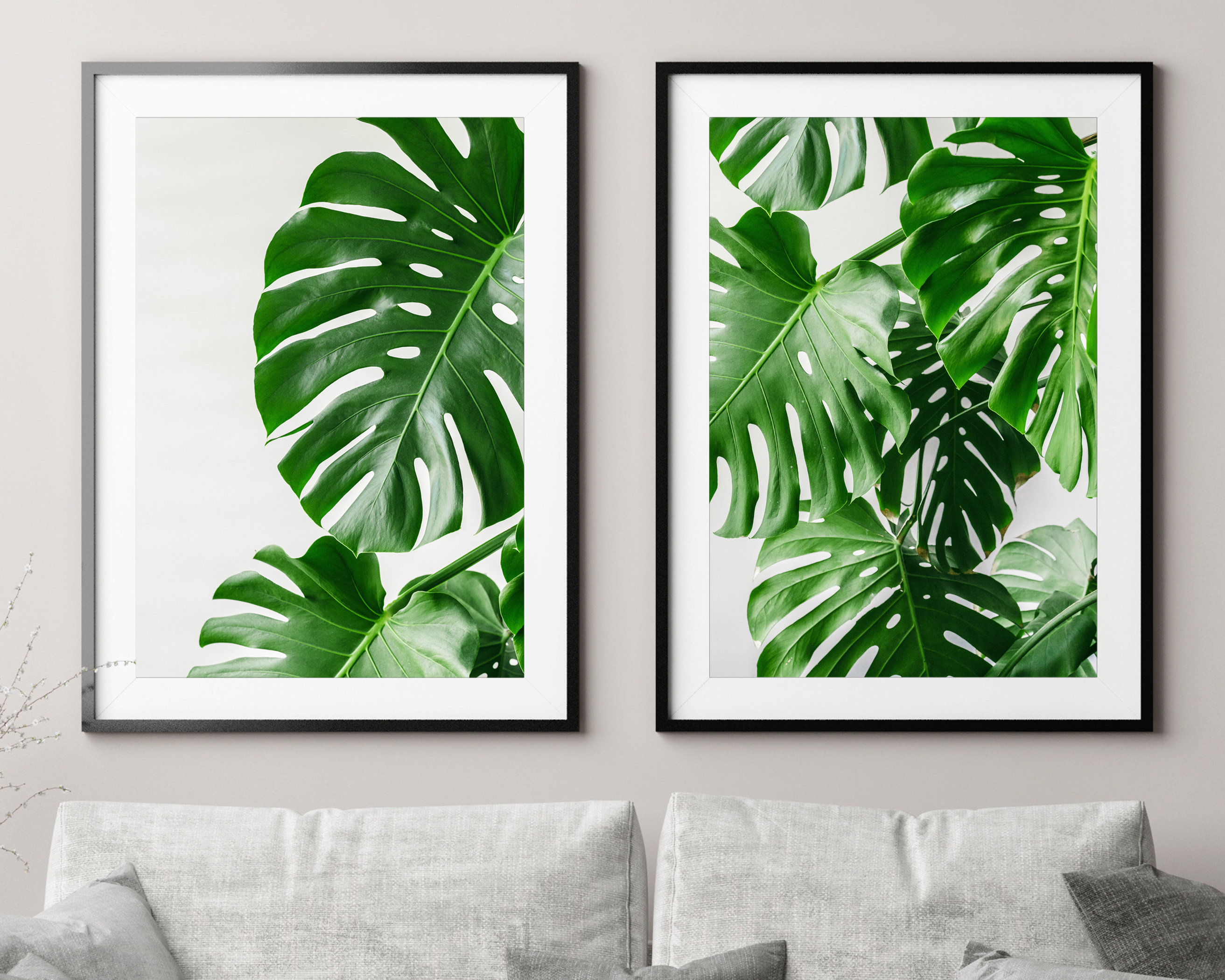 Set di stampe a foglia di pianta di formaggio svizzero di 2, set di illustrazioni a parete a foglia verde, set di stampe palmari, stampe monstera, sta