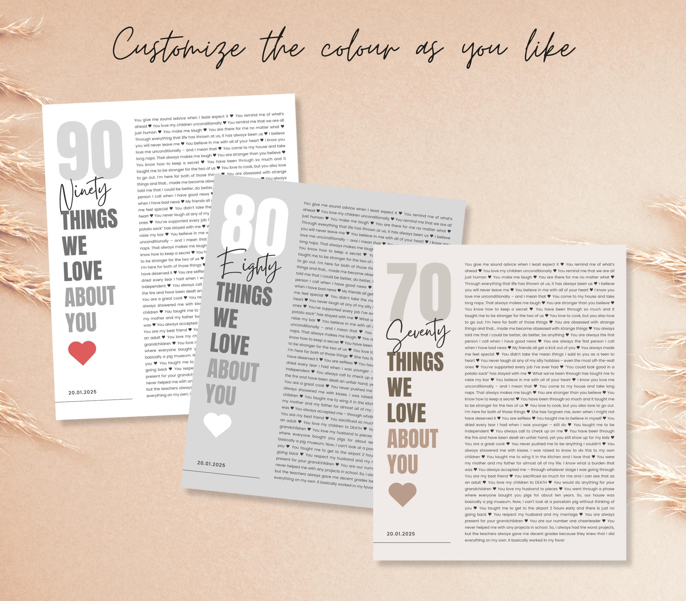 70 motivi per cui ti amiamo, regalo per il 70o compleanno, modello per 70 cose per cui ti amiamo, canva per il 70o compleanno, regalo di compleanno mo