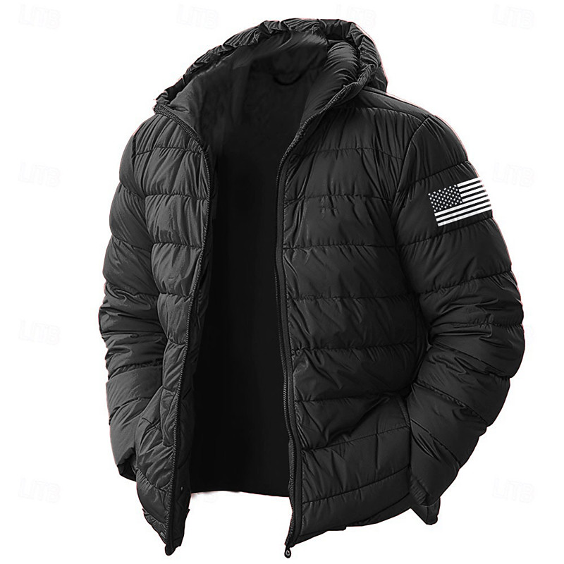 Men's American US Flag Winter Coat Down Jacket Puffer Jacket Thermal Warm Rain Waterproof Lightweight Casual Outdoor Daily Padded Quilted Hooded Jacket Fall Winter Long Sleeve Black Red Royal Blue