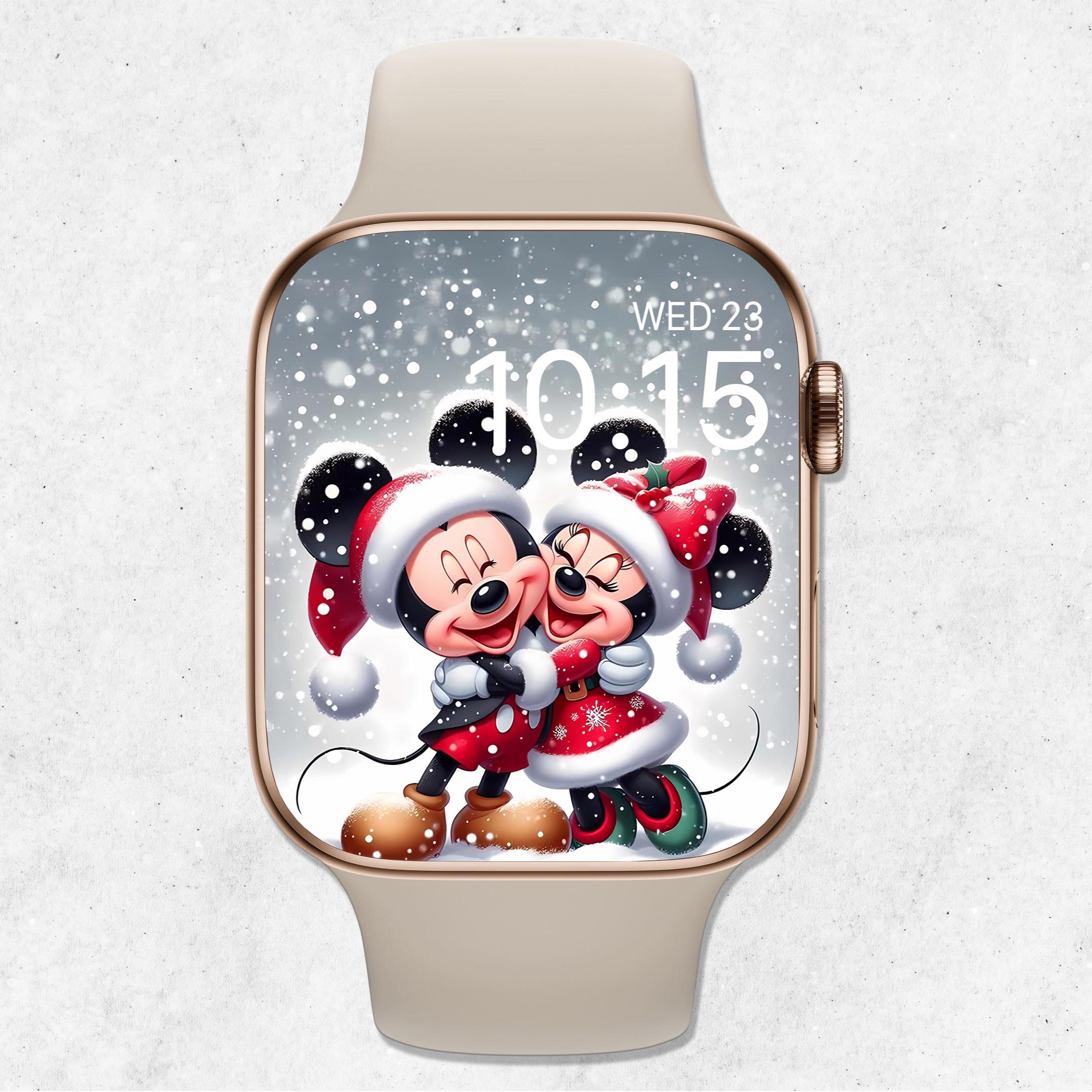 Sfondo natalizio di Topolino e Minnie per Apple Watch, quadrante di orologio con neve, sfondo invernale per smartwatch, sfondo estetico per orologio f