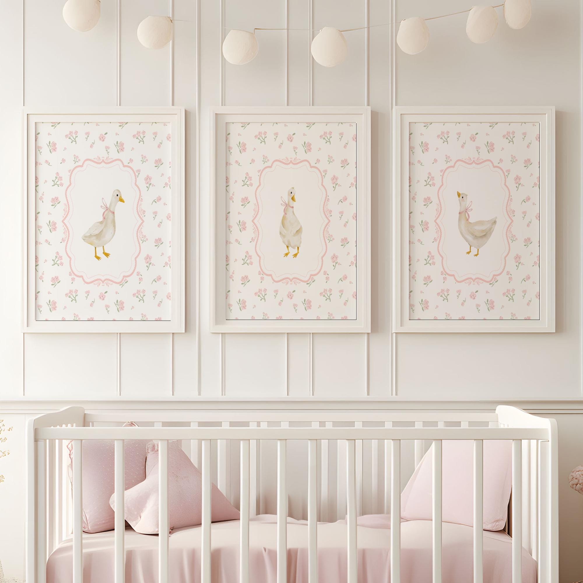 Set di 3 stampe per cameretta con oca, stampa con oca buffa, decorazione per cameretta con anatra, decorazione murale con fiocco rosa Coquette, decora