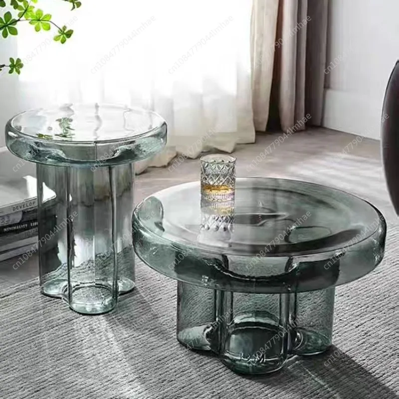 Nordischer farbiger Couchtisch aus gehärtetem Glas, Wohnzimmer, personalisierbar, kreativ, rund, einfach und leicht, luxuriös, kleiner Teetisch Image