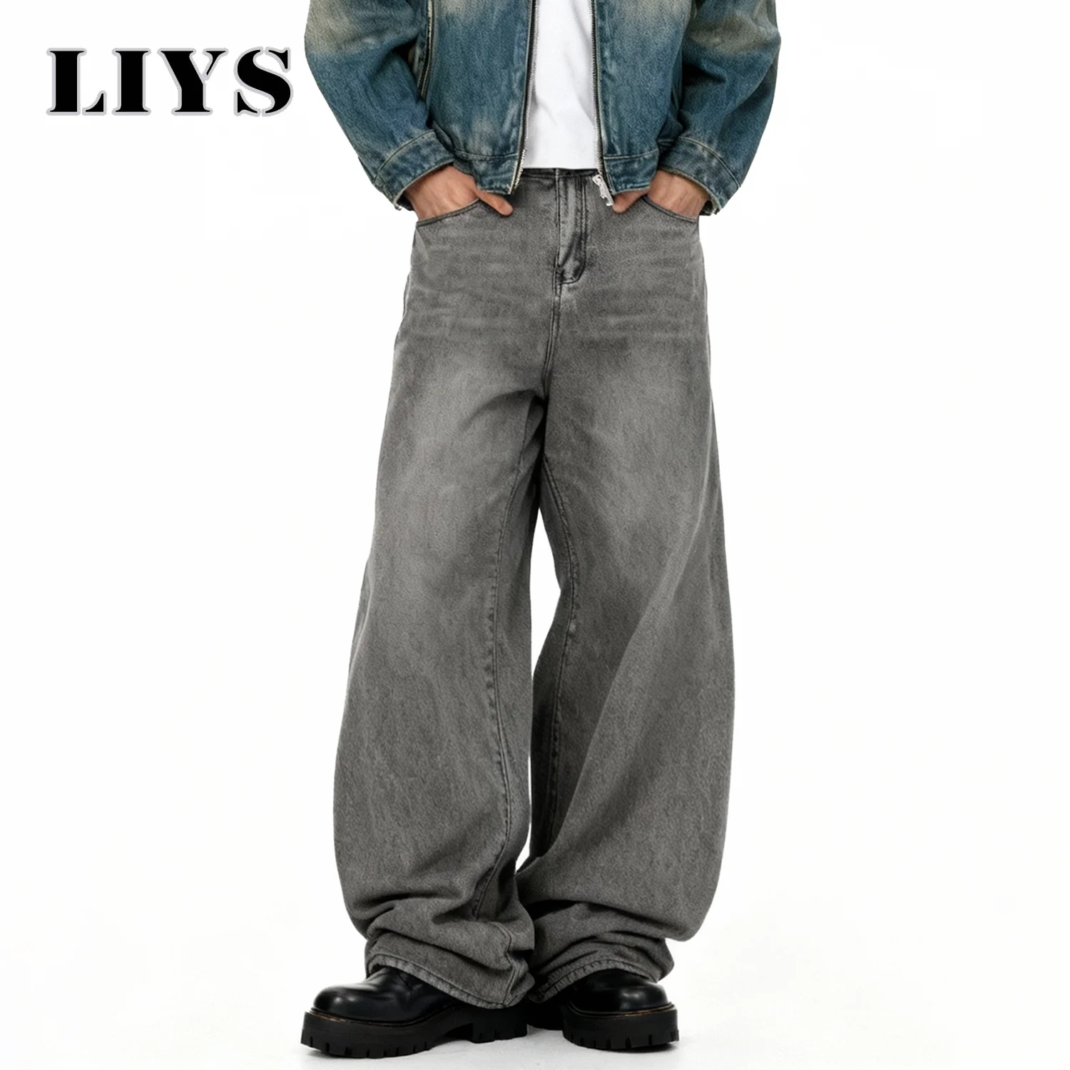 Amerikanische Herren Retro Baggy Wide Leg Jeans in Grau und Schwarz für Frühling und Sommer, Alltags- und Streetwear, Gerade Geschnittene Denim-Hose, Unisex-Kleidung