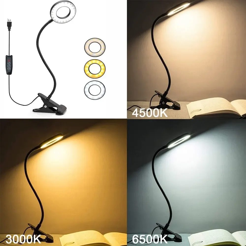 48 LEDs Schreibtischlampe Clip USB Buchlicht Nachttisch 360 ° Flexibler Augenschutz, Schwanenhals-Leselicht, Helligkeit einstellbar, 3-stellig Image