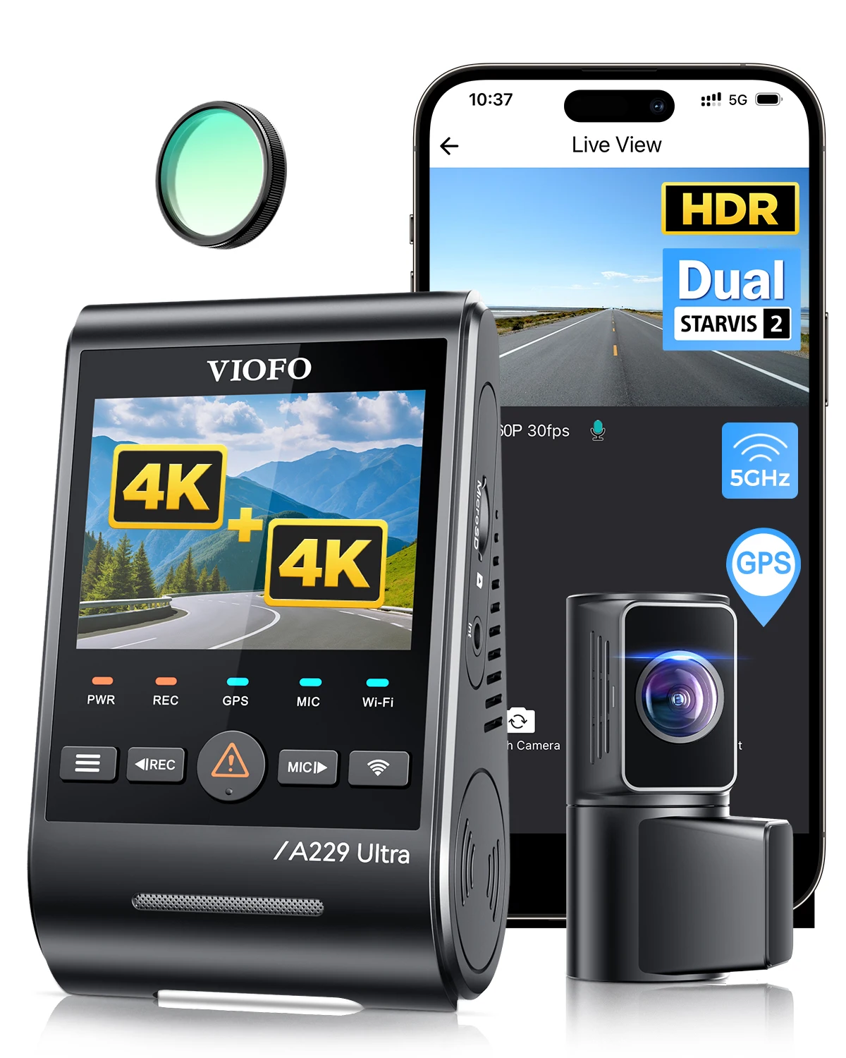 VIOFO A229 Ultra 2CH Dual 4K Dash Cam vorne und hinten, Dual STARVIS 2 IMX678 Sensoren 4K HDR, schnellere 5 GHz Wi-Fi GPS, Sprachsteuerung Image