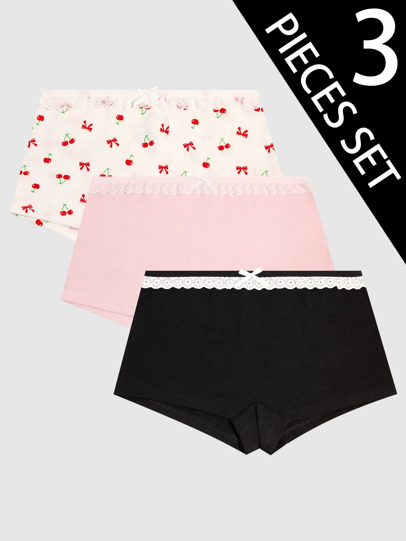 3er-Pack Unterwäsche mit Spitzenbesatz und Kirschdetail, bequeme Mid-to-Teen-Mädchen-Slips, Teenager-Boxershorts für Damen Image