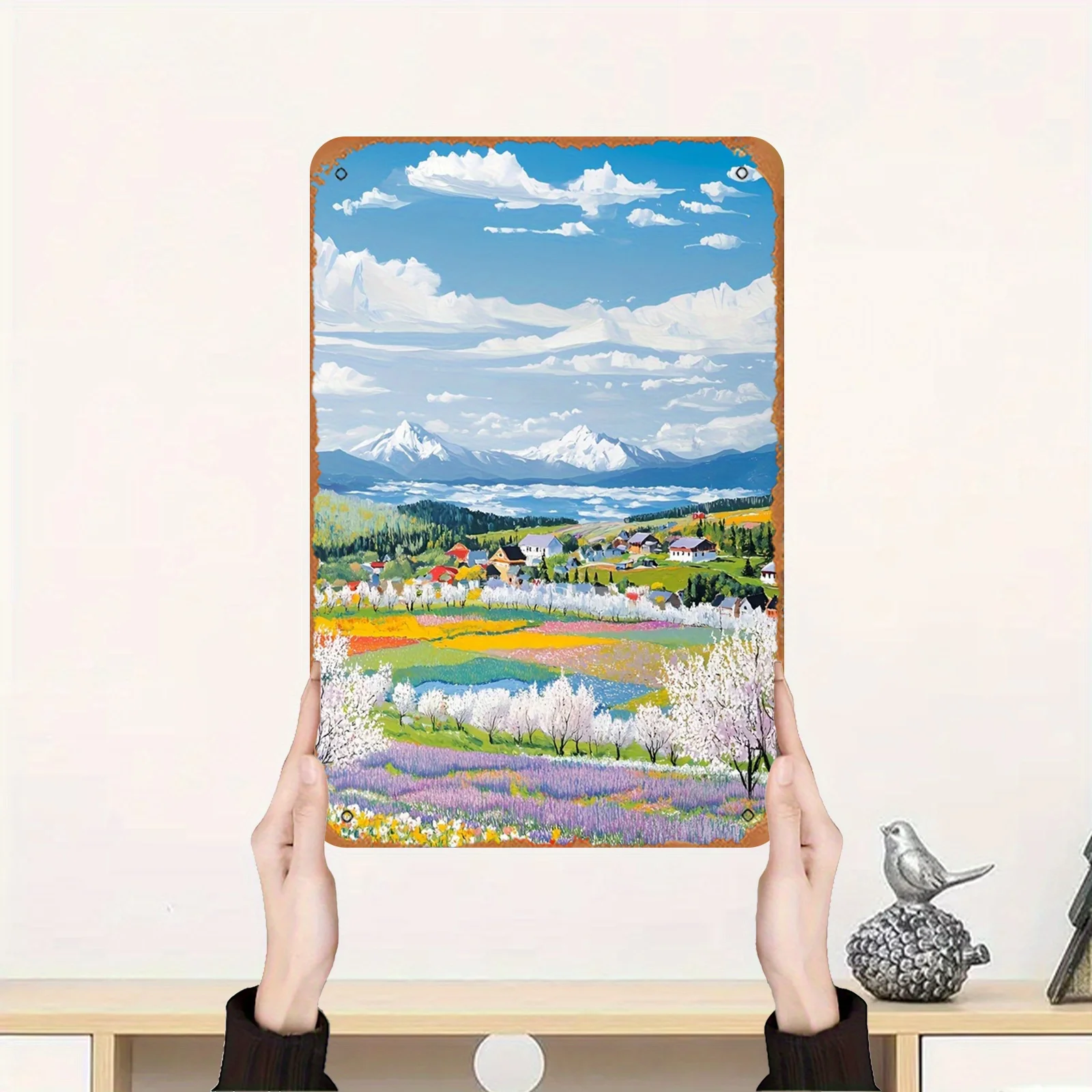 1 Stück Vintage-Frühlings-Landschafts-Metallwandkunst – 20,3 x 30,5 cm, rustikales Eisen-Blechgemälde für Schlafzimmer, Badezimmer und moderne H