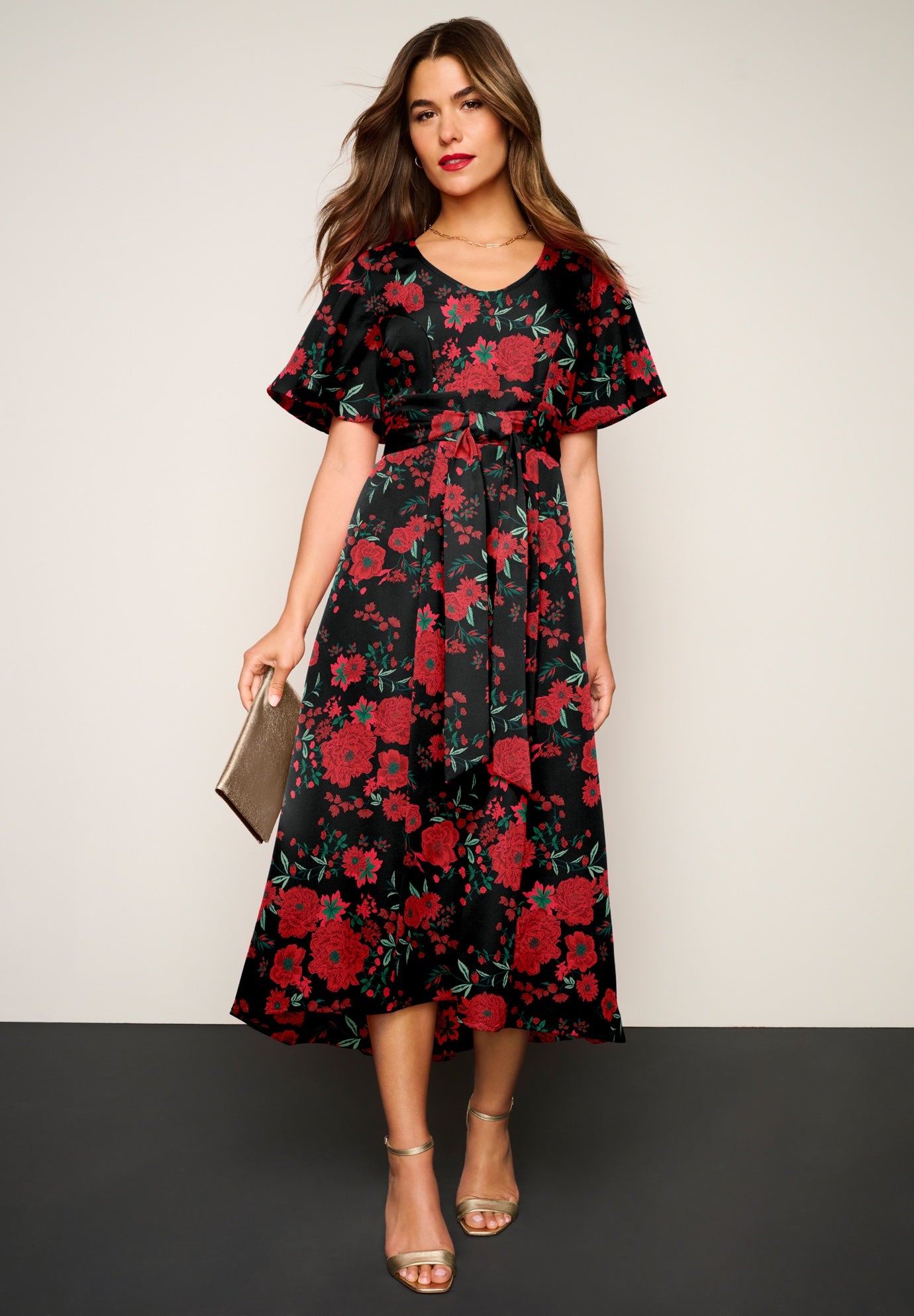 Plus Size Women's Plus Size Flutter Sleeve V-Neck Fit and Flare Bi-stretch Maxi Dress by Roaman's in Blush Rose Garden (Size 30 W)