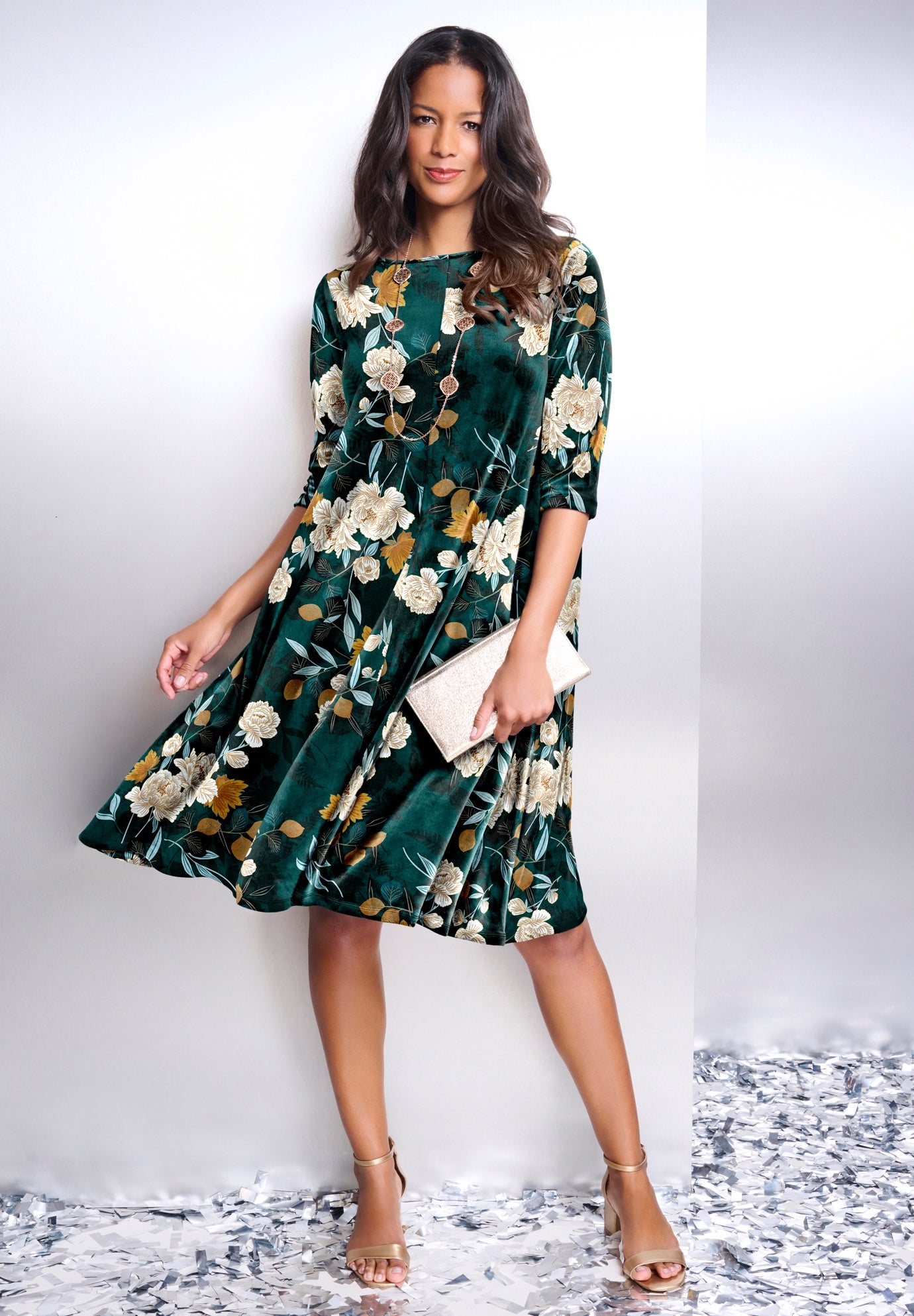 Plus Size Women's Velour Swing Drape Dress by Roaman's in Emerald Layered Flowers (Size 38/40)