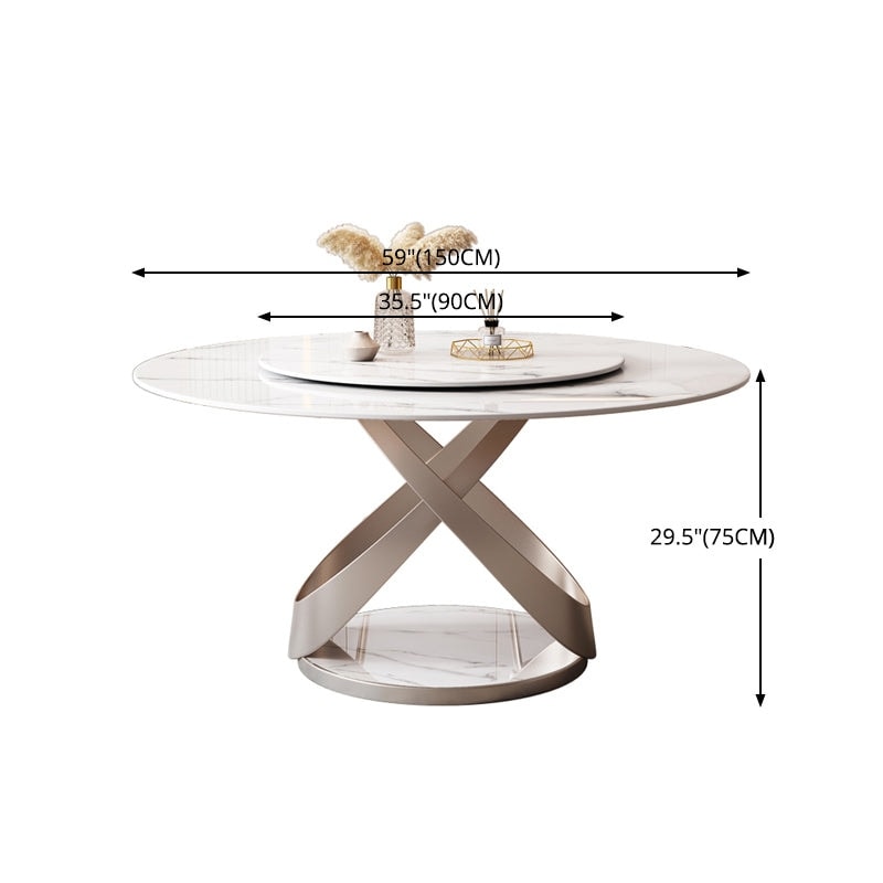 59.05"Modern Sintered Stone Dining Table With 31.5" Round Turntable And Metal Exquisite Pedestal With 6Pcs Chairs .