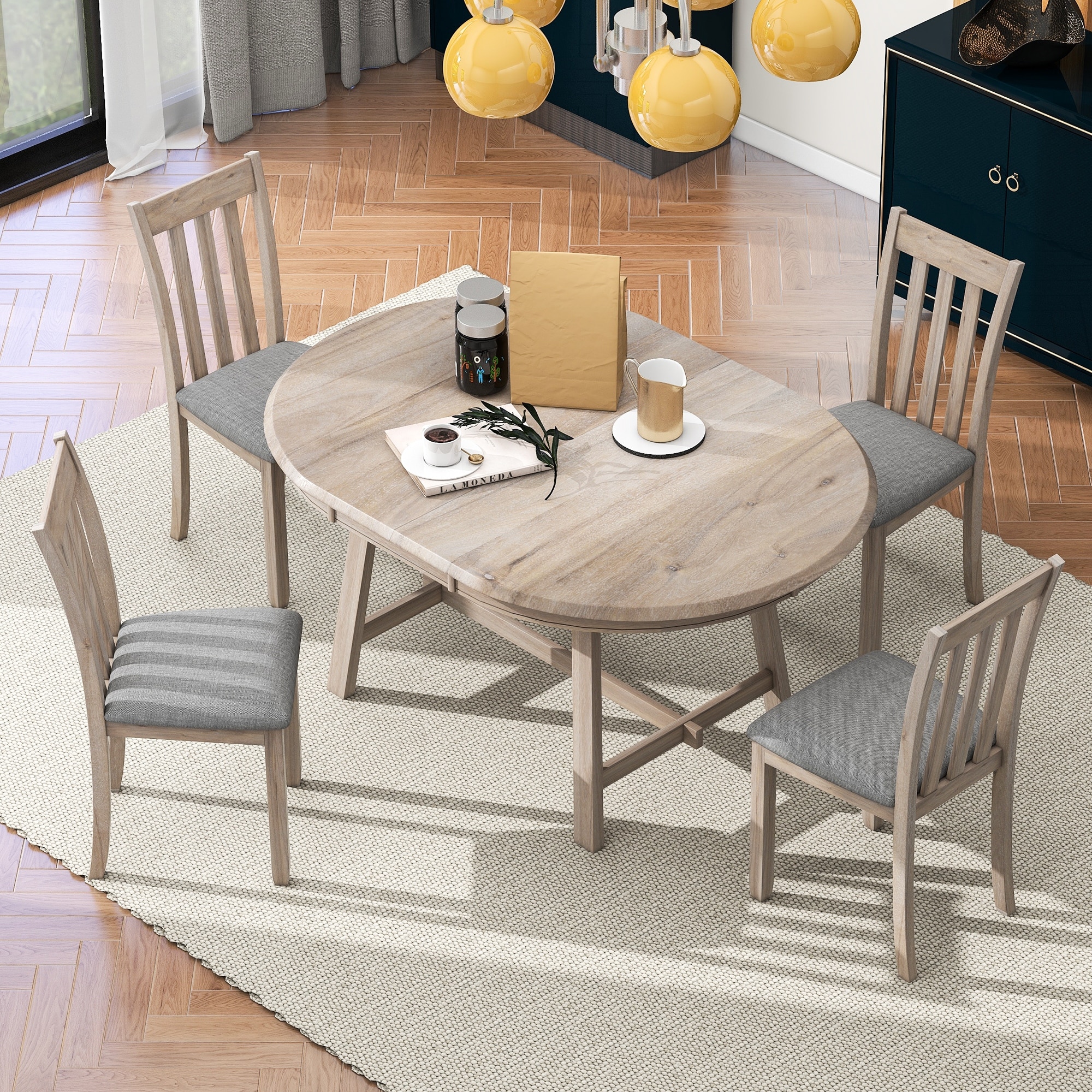 5-Piece Wood Dining Table Set Round Extendable Dining Table With 4 Dining Chairs, Dining Room Table Set For 4 For Dining Room