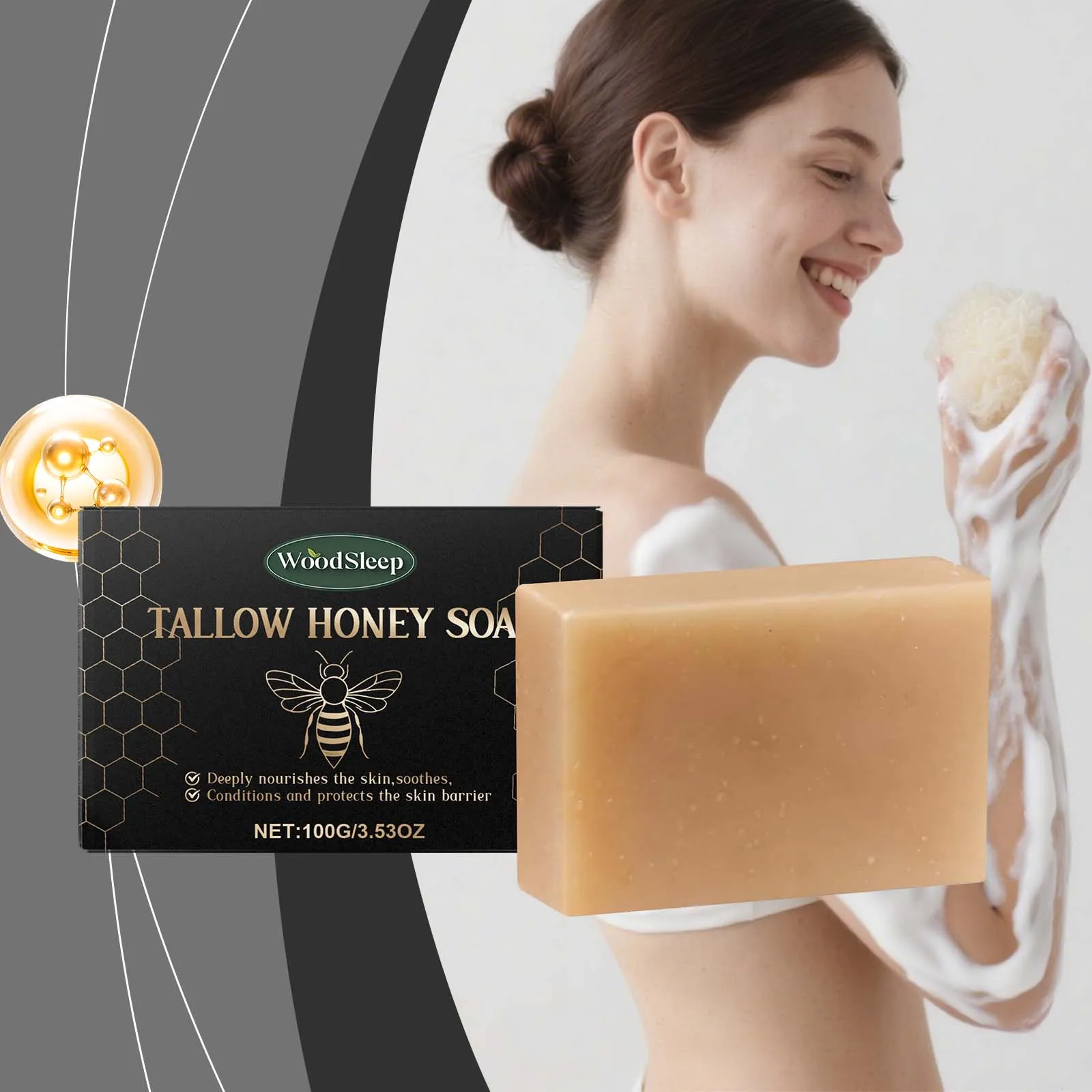 Woodsleep Tallow- und Honigbalsam-Seife, feuchtigkeitsspendende Hautreinigung, Schmutzentferner, weiche, glatte, tiefe Nährung, natürliche Seifenriegel, 100 g Image