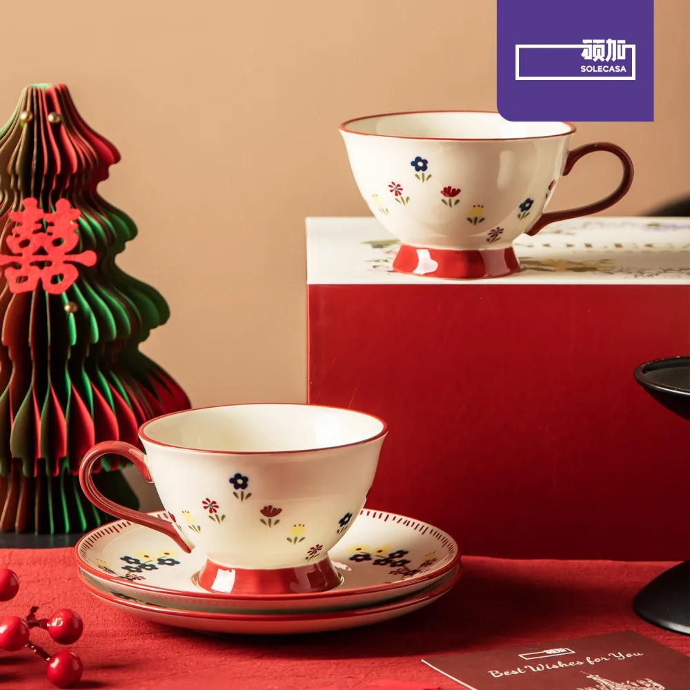 SHUNXIANG Retro Blumenmuster Keramik Teetasse und Untertasse Set Nachmittags-Kaffeetasse und Untertasse Romantisches Teegeschirr-Set Geschenkset-Box Image