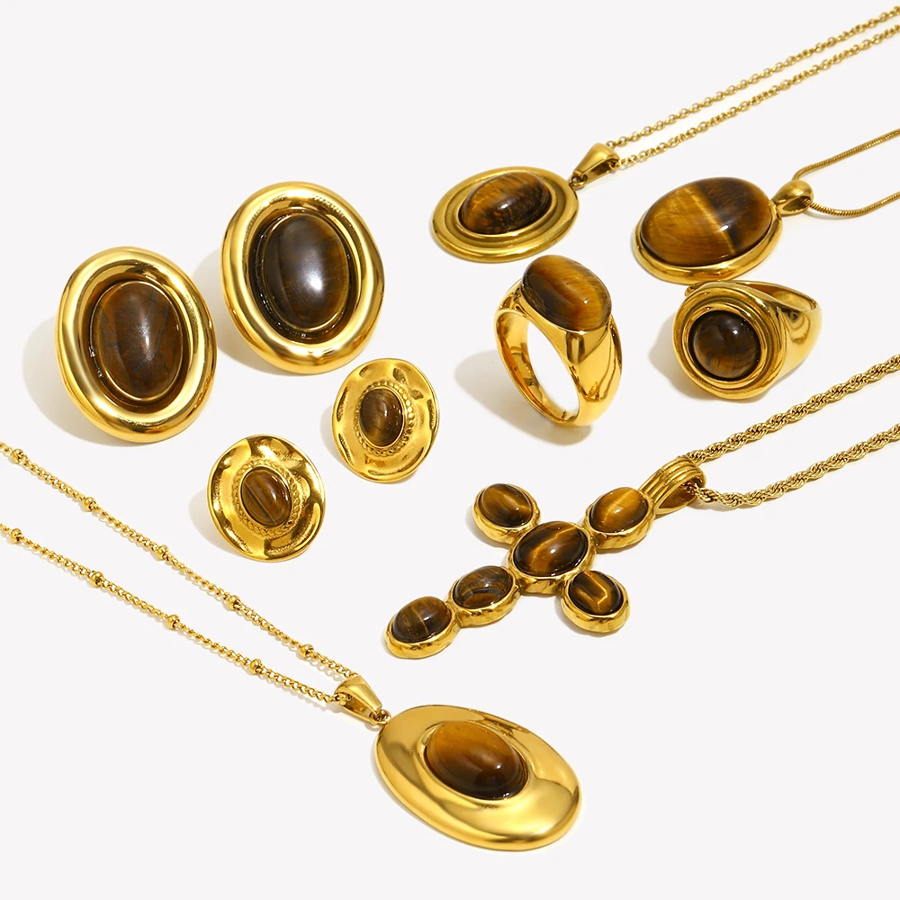 E.B.belle Edelstahl Vintage Tigerauge Serie Schmuckset Ring 18K vergoldet Halskette Ohrring Damen Geschenk