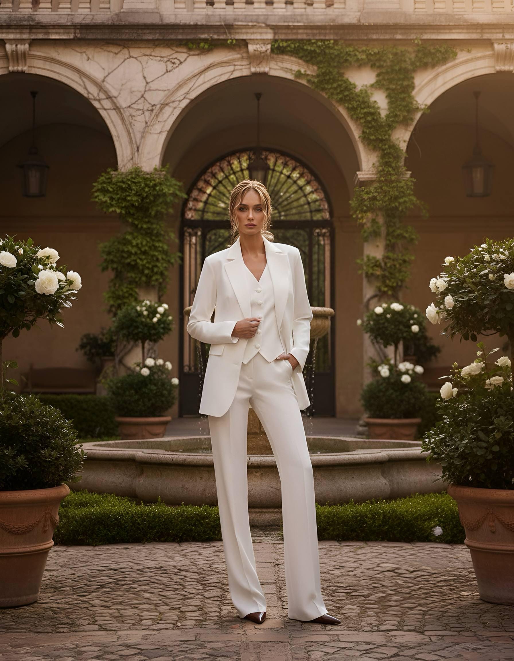 Tailleur pantalone da sposa per cerimonia civile o cena di prova, tailleur pantalone da sposa avorio - abito da sposa 3 pezzi, abito da sposa civile a