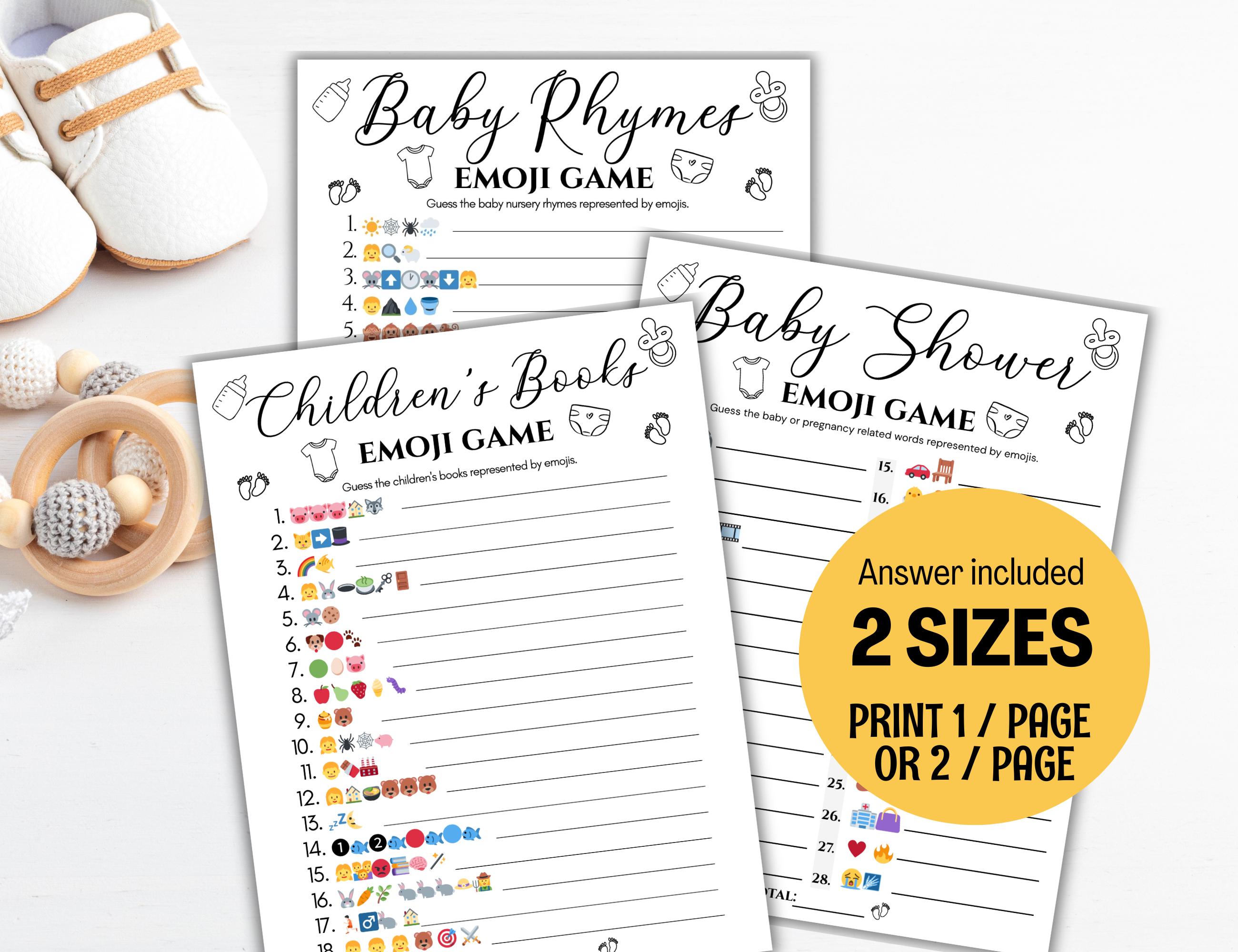 Gioco Pictionary con emoji per baby shower - Gioco con emoji per bambini, Emoji per libri per bambini, Gioco con emoji di filastrocche, Giochi con emo
