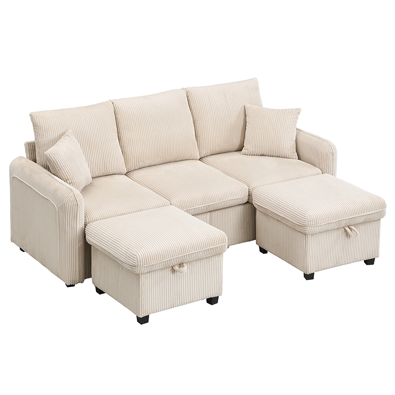 OKWISH Dreisitzersofa 188x82x86 2-in-1 mit 2 Hockern, Cord-Stoff, Stauraum, L-Form-Liege und Einzelbett, Hochdichter Schaumstoff, Metall-Holz-Rahmen, Beige Image