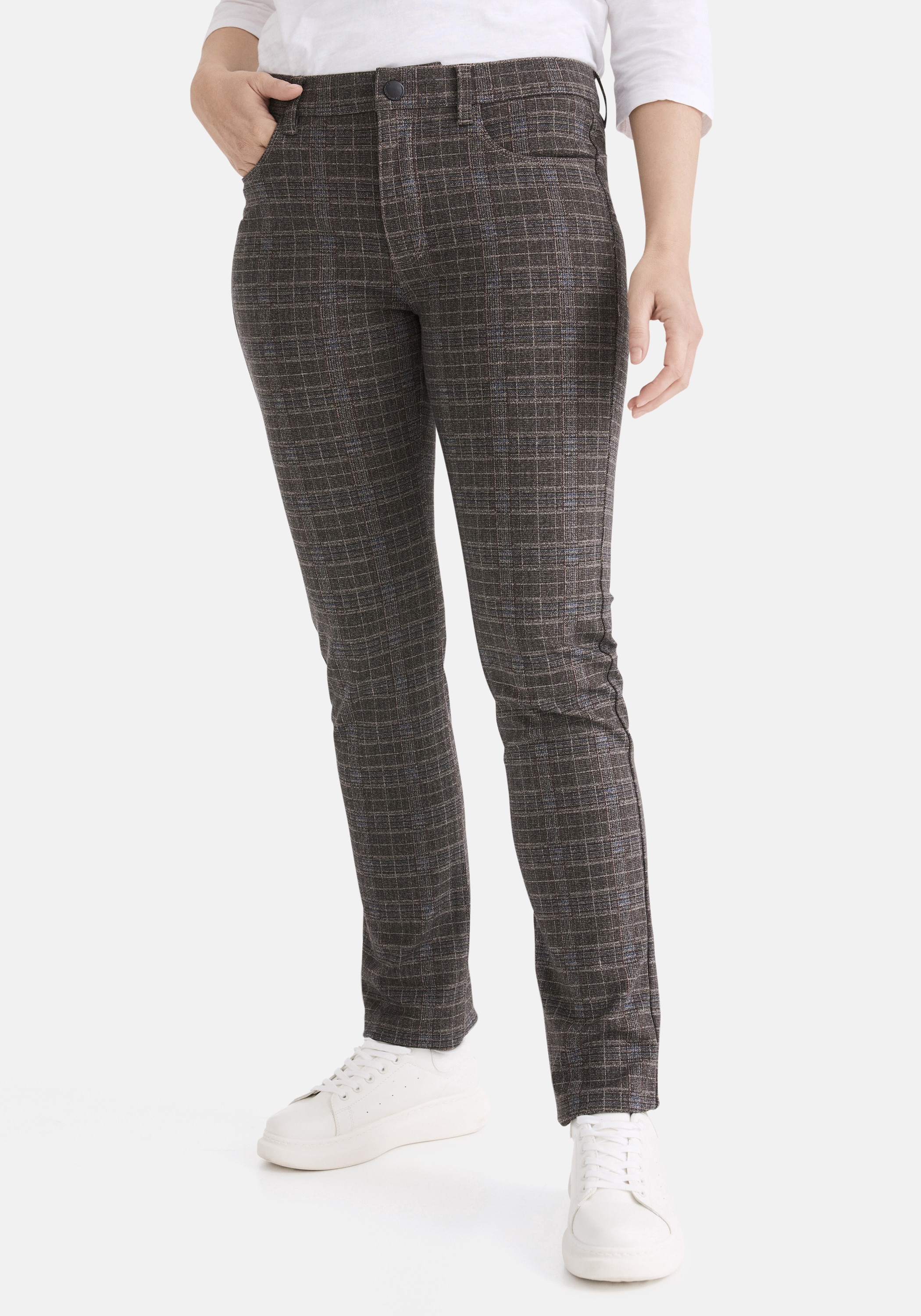5-Pocket-Hose STOOKER WOMEN "Milano Jersey Print Magic Shape Fit", Damen, Gr. 40, Länge 30, braun (braun check), Twill, 67% Viskose, 27% Polyamid, 6% Elasthan, schmal lang, Hosen 5-Pocket-Hose, Casual Printed, Bedruckt Magic Shape Effekt für Damen