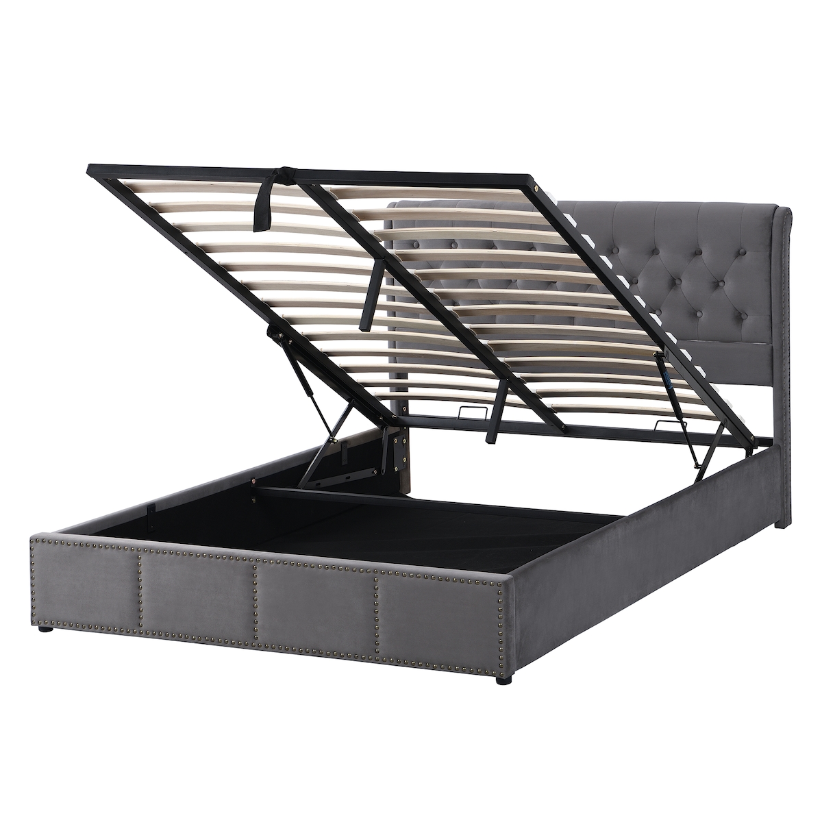 STILVORA Bett 160x200 mit hohem Kopfteil, Stauraum und Bettkasten Europäisches Design mit Nietendekor Elegantes Doppelbett mit 106 cm Rückenlehne Grau Image