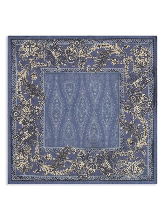 Leafy-Print Silk Pocket Square - Blue - Etro Scarves