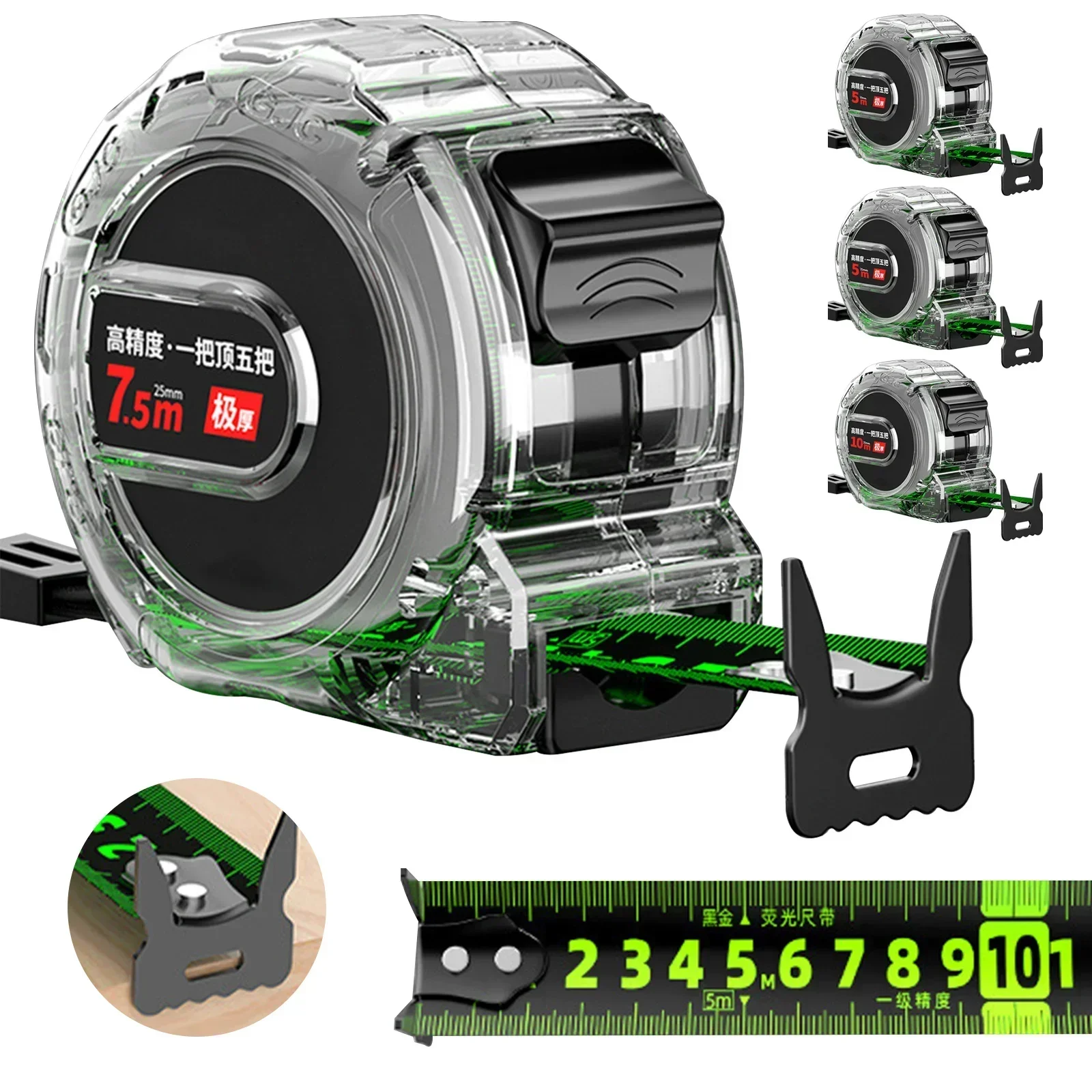 Hochpräzises Stahlbandmaß 5 m/16 Fuß, verdicktes Anti-Drop, selbstsichernd, verschleißfest, fluoreszierendes Schwarz für den Bau Image