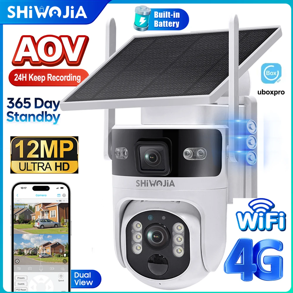 SHIWOJIA 12MP AOV Solar Batterie Kamera 4G SIM 7/24 Stunden Aufnahme Drahtlose WIFI Sicherheit PTZ Kamera Dual Objektiv PIR Nachtsicht Image