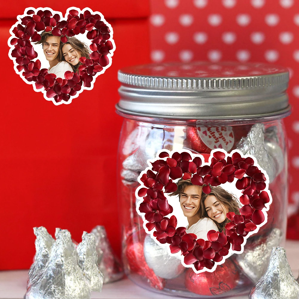 Personalisierter, herzförmiger Fotoaufkleber mit roter Rose, Meilenstein zum 1. Jubiläum, romantische Geschenkdekoration, Valentinstagszubehör Image