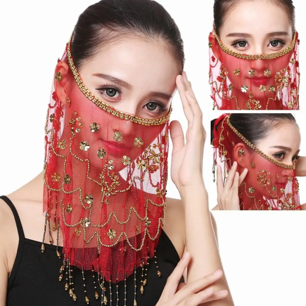 Voiles de Performance fleur paillettes perles décor transparent dentelle danse du ventre Tribal visage voiles sangle réglable voiles de danse indienne