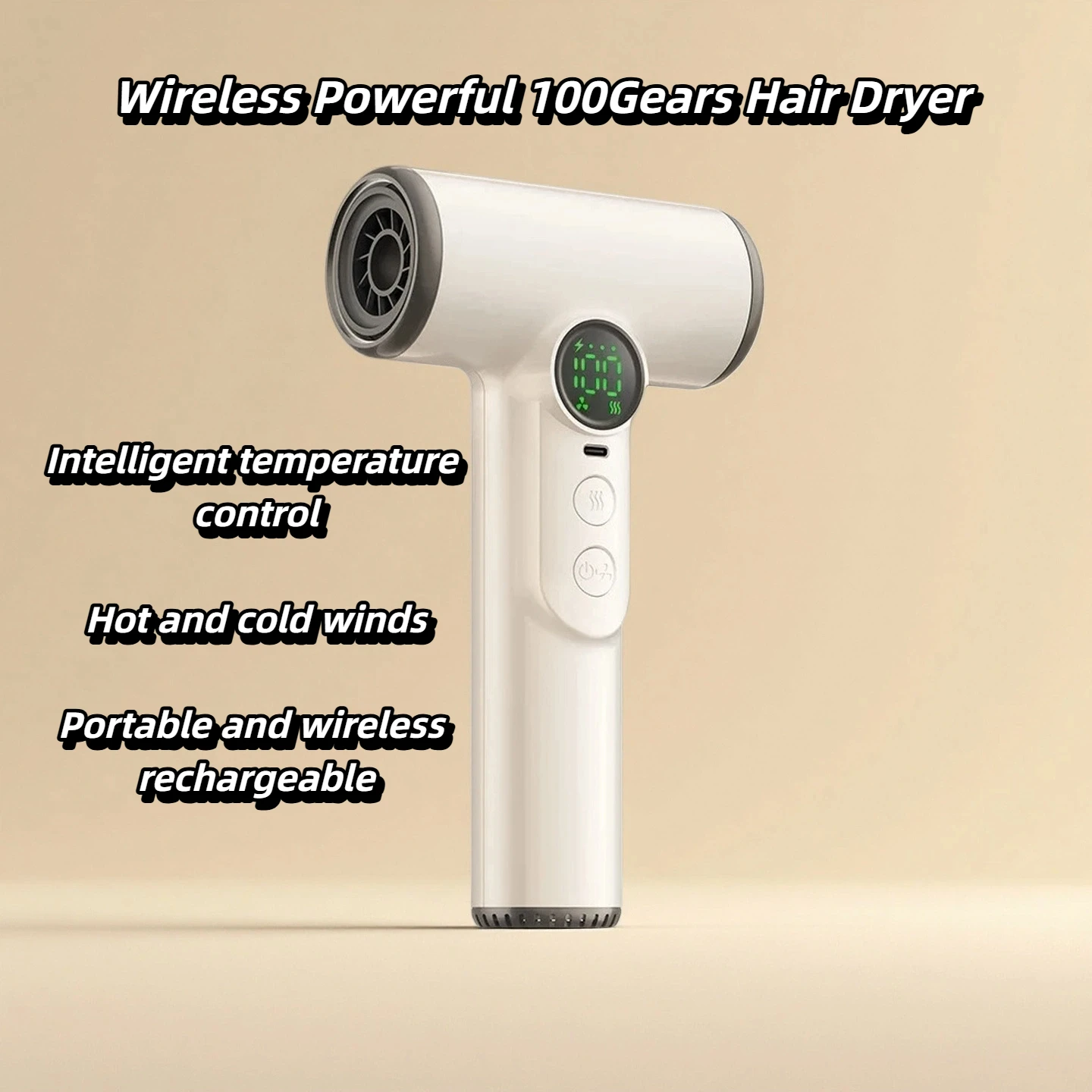 Neuer tragbarer kabelloser Haartrockner mit negativen Ionen für Reisen/Außenbereich, USB-Aufladung, 30.000 U/min, Hochgeschwindigkeits-Kalt-Warm-Wind, 100 Gänge Image