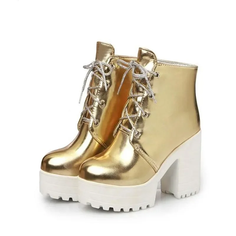 Größe 34-43 Damen Plateau Stiefeletten Quadratischer High Heel Schnürstiefel Reißverschluss Herbst Winter Damenschuhe Gold Silber
